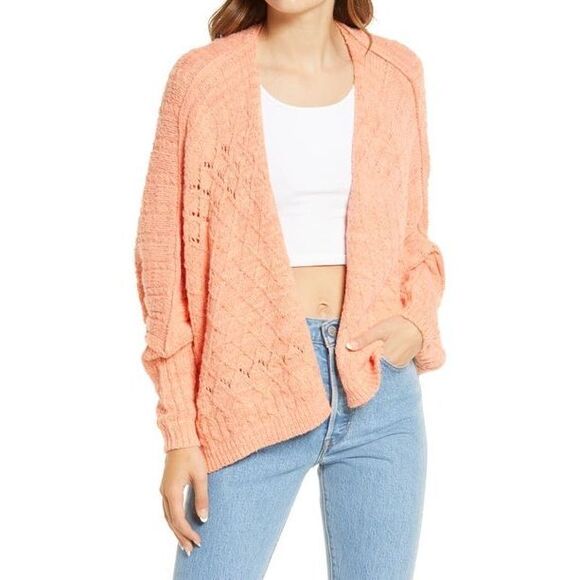 Free People Sunset Cruise Orange Sorbet Oversize Boho Travel Cardigan Size Large - Picture 1 of 9